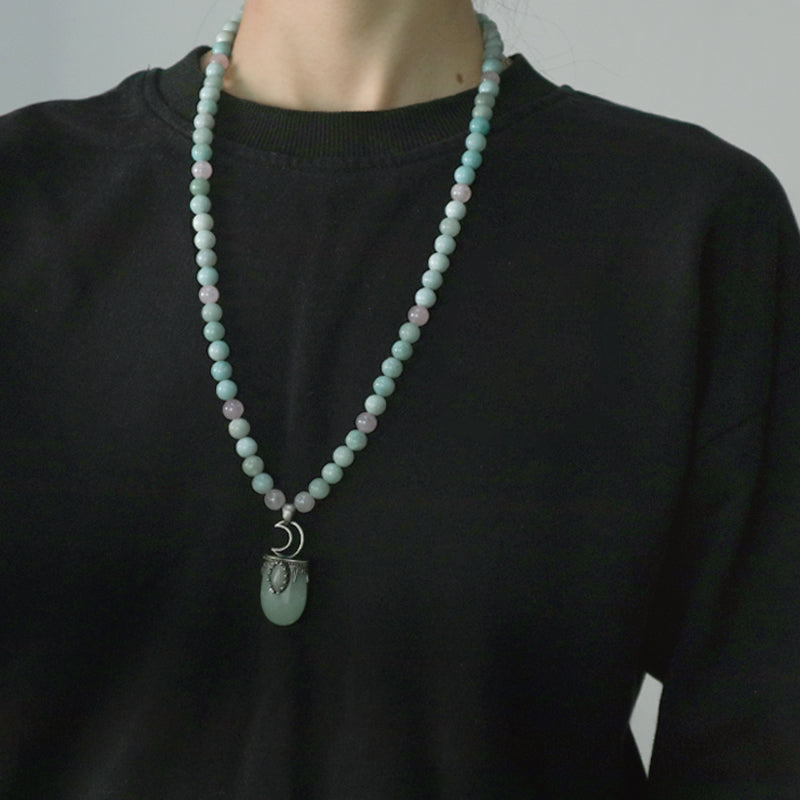 OEM Handmade Wholesale Customized Adjustable Woven Cord 8mm Natural Stone Beads Moon Pendant Macrame Necklace For Men Women