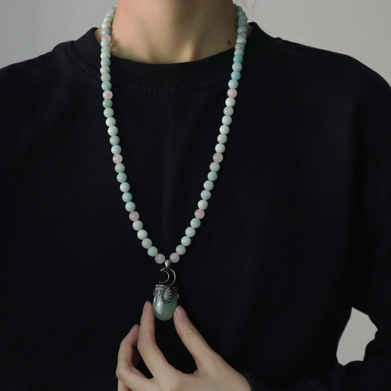 OEM Handmade Wholesale Customized Adjustable Woven Cord 8mm Natural Stone Beads Moon Pendant Macrame Necklace For Men Women
