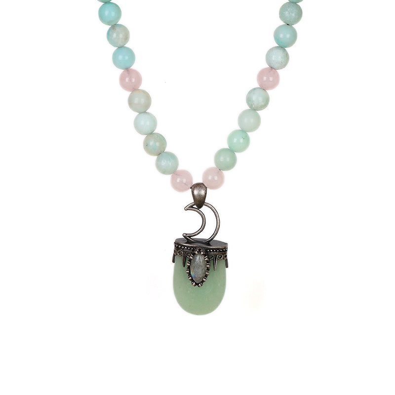 OEM Handmade Wholesale Customized Adjustable Woven Cord 8mm Natural Stone Beads Moon Pendant Macrame Necklace For Men Women