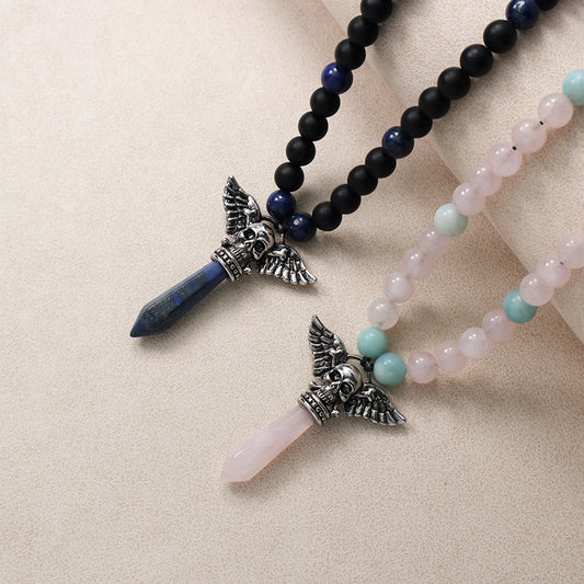 OEM Factory Handmade Wholesale Customized Men Women Adjustable Woven Cord Macrame 8mm Natural Stone Beads Skull Pendant Necklace