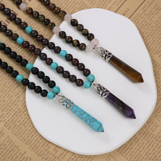 Wholesale Adjustable Woven Cord 8mm Natural Stone Beads OEM Handmade Customized Hexagon Pendant Macrame Necklace For Men Women