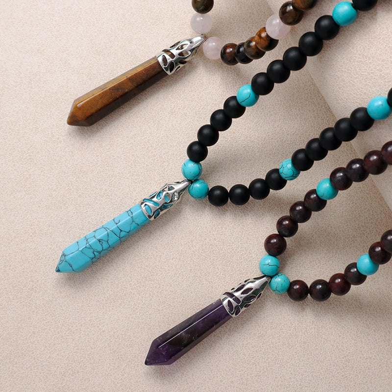 Wholesale Adjustable Woven Cord 8mm Natural Stone Beads OEM Handmade Customized Hexagon Pendant Macrame Necklace For Men Women