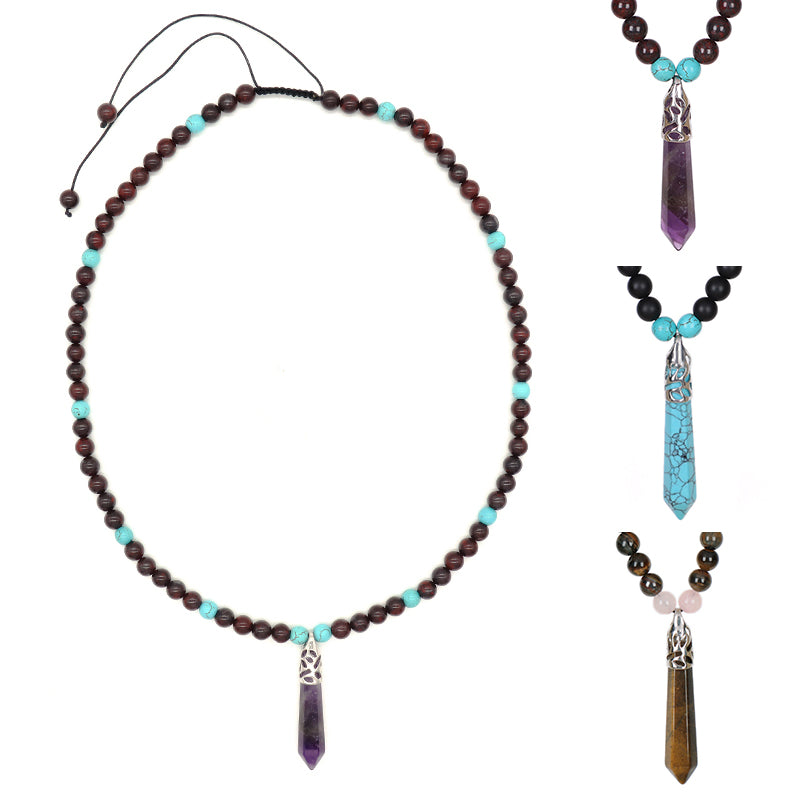 Wholesale Adjustable Woven Cord 8mm Natural Stone Beads OEM Handmade Customized Hexagon Pendant Macrame Necklace For Men Women