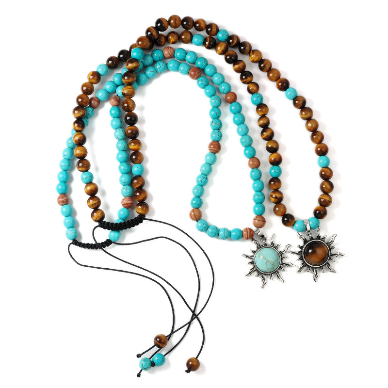 China Factory Custom OEM Handmade Wholesale Men Women Adjustable Woven Cord 8mm Natural Stone Beads Macrame Sun Pendant Necklace