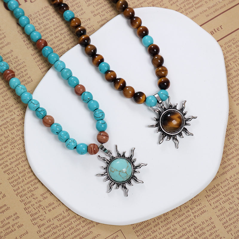 China Factory Custom OEM Handmade Wholesale Men Women Adjustable Woven Cord 8mm Natural Stone Beads Macrame Sun Pendant Necklace
