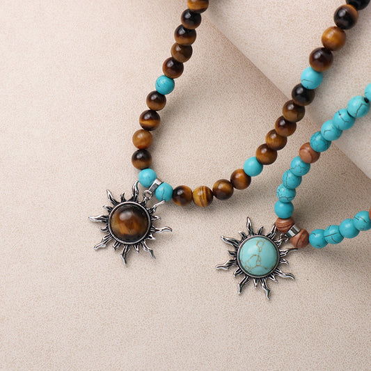 China Factory Custom OEM Handmade Wholesale Men Women Adjustable Woven Cord 8mm Natural Stone Beads Macrame Sun Pendant Necklace
