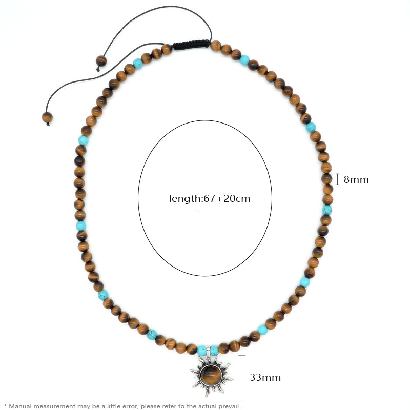 China Factory Custom OEM Handmade Wholesale Men Women Adjustable Woven Cord 8mm Natural Stone Beads Macrame Sun Pendant Necklace