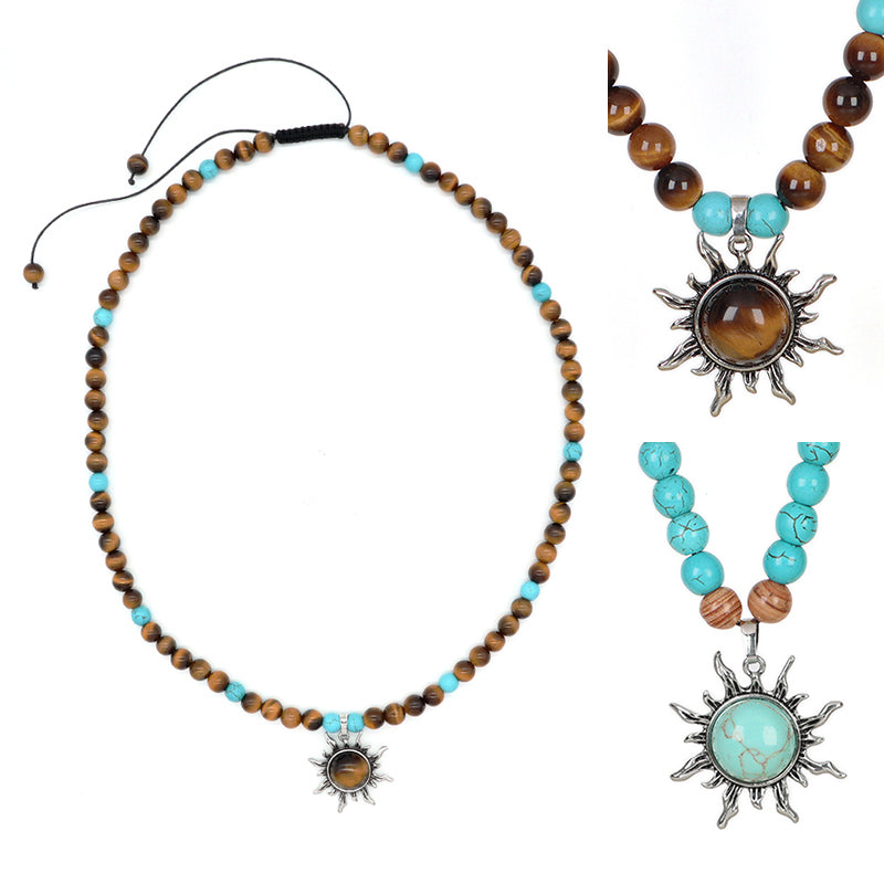 China Factory Custom OEM Handmade Wholesale Men Women Adjustable Woven Cord 8mm Natural Stone Beads Macrame Sun Pendant Necklace