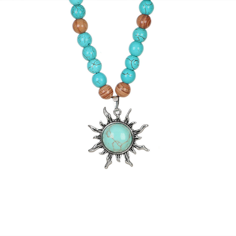China Factory Custom OEM Handmade Wholesale Men Women Adjustable Woven Cord 8mm Natural Stone Beads Macrame Sun Pendant Necklace