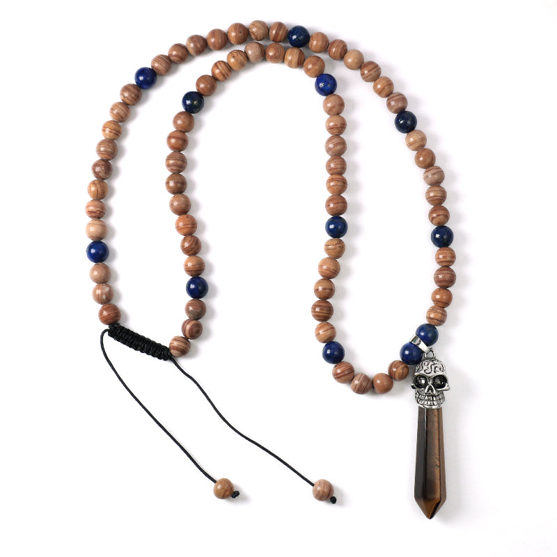 Personality Wholesale OEM Handmade Custom Adjustable Men Women Skull Pendant 8mm Natural Stone Beads Woven Cord Macrame Necklace