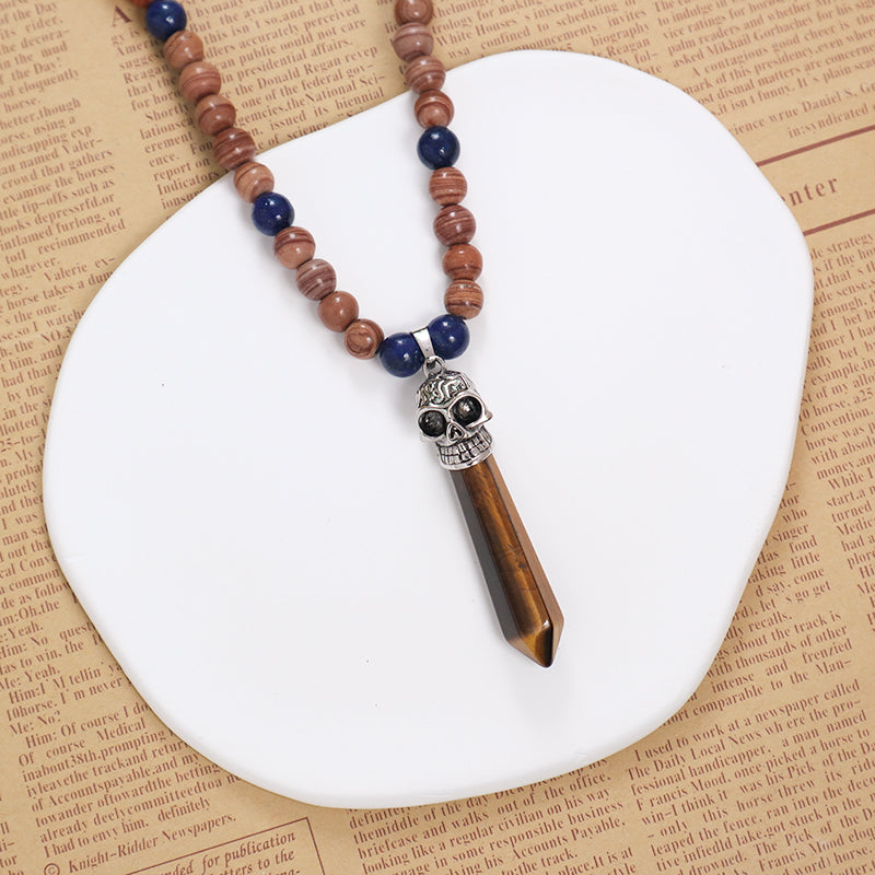 Personality Wholesale OEM Handmade Custom Adjustable Men Women Skull Pendant 8mm Natural Stone Beads Woven Cord Macrame Necklace