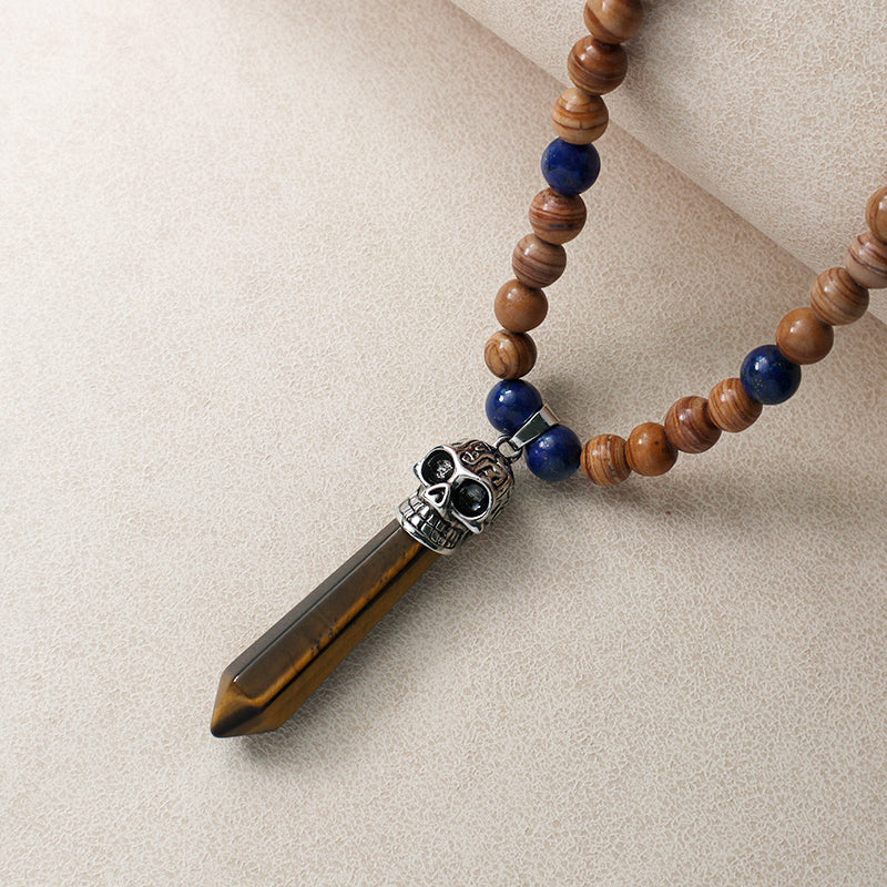 Personality Wholesale OEM Handmade Custom Adjustable Men Women Skull Pendant 8mm Natural Stone Beads Woven Cord Macrame Necklace