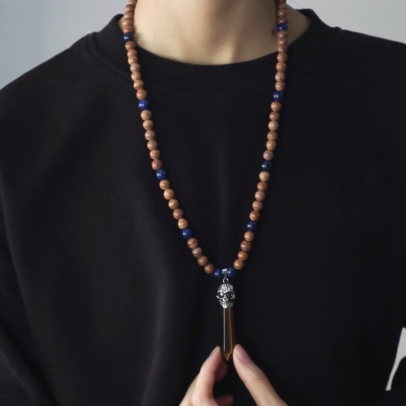 Personality Wholesale OEM Handmade Custom Adjustable Men Women Skull Pendant 8mm Natural Stone Beads Woven Cord Macrame Necklace