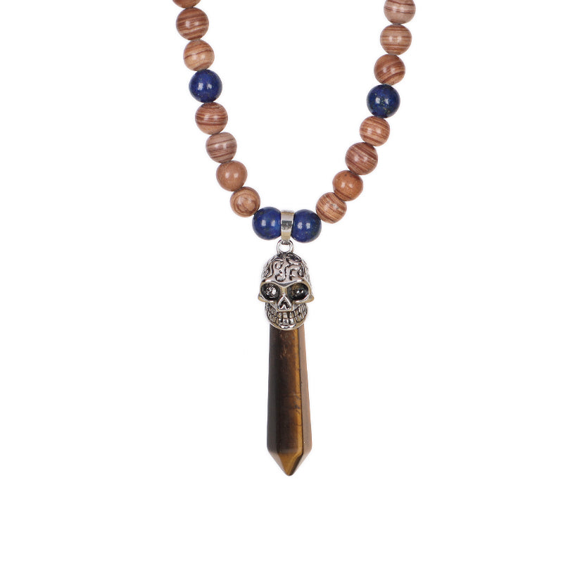 Personality Wholesale OEM Handmade Custom Adjustable Men Women Skull Pendant 8mm Natural Stone Beads Woven Cord Macrame Necklace
