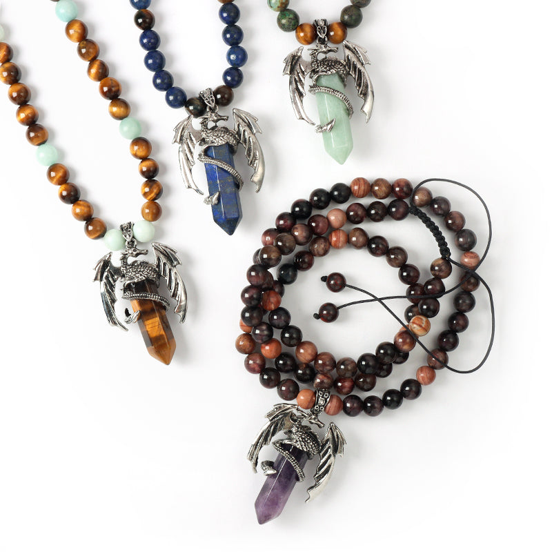 Wholesale OEM Handmade Woven Cord Custom 8mm Natural Stone Beads Adjustable Macrame Hexagon Dragon Pendant Necklace For Men Women