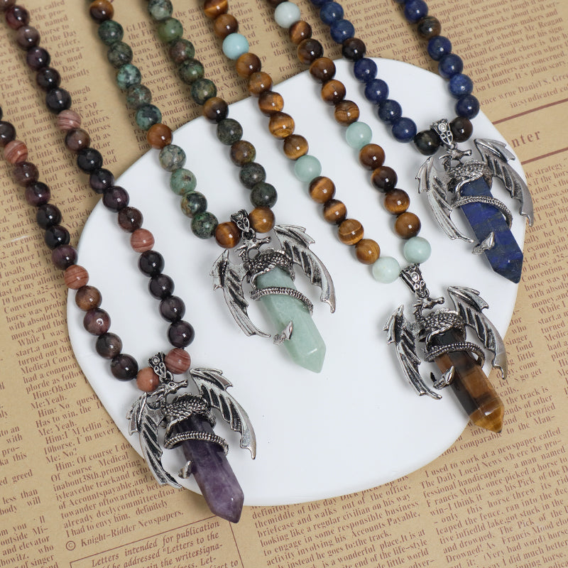 Wholesale OEM Handmade Woven Cord Custom 8mm Natural Stone Beads Adjustable Macrame Hexagon Dragon Pendant Necklace For Men Women