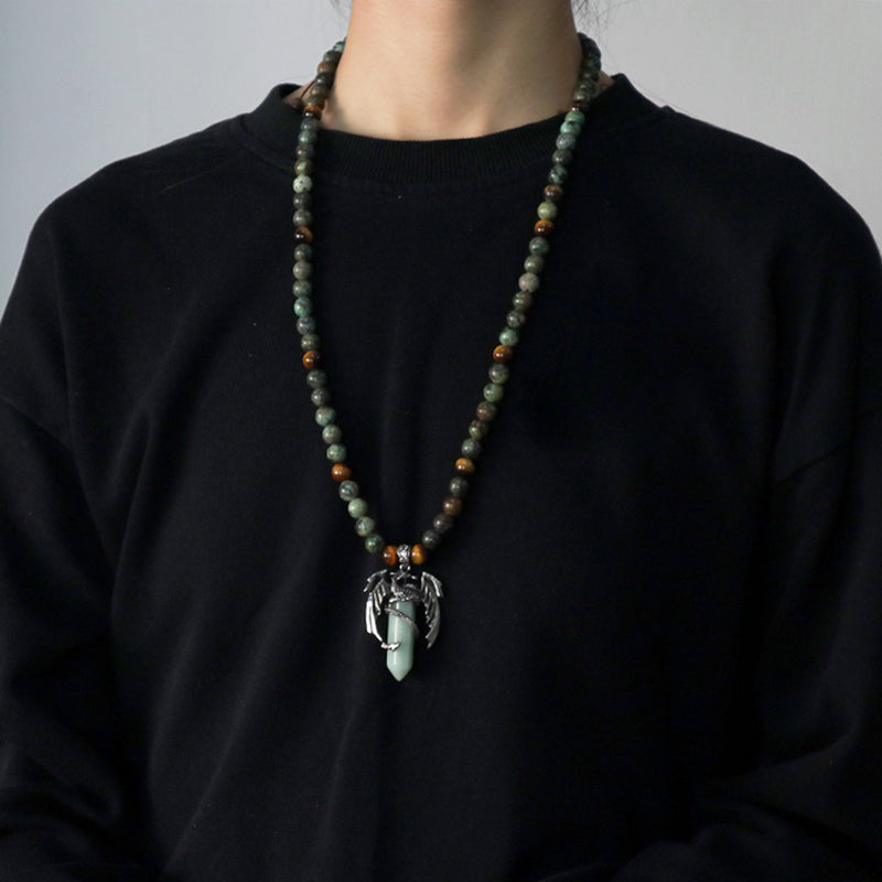 Wholesale OEM Handmade Woven Cord Custom 8mm Natural Stone Beads Adjustable Macrame Hexagon Dragon Pendant Necklace For Men Women