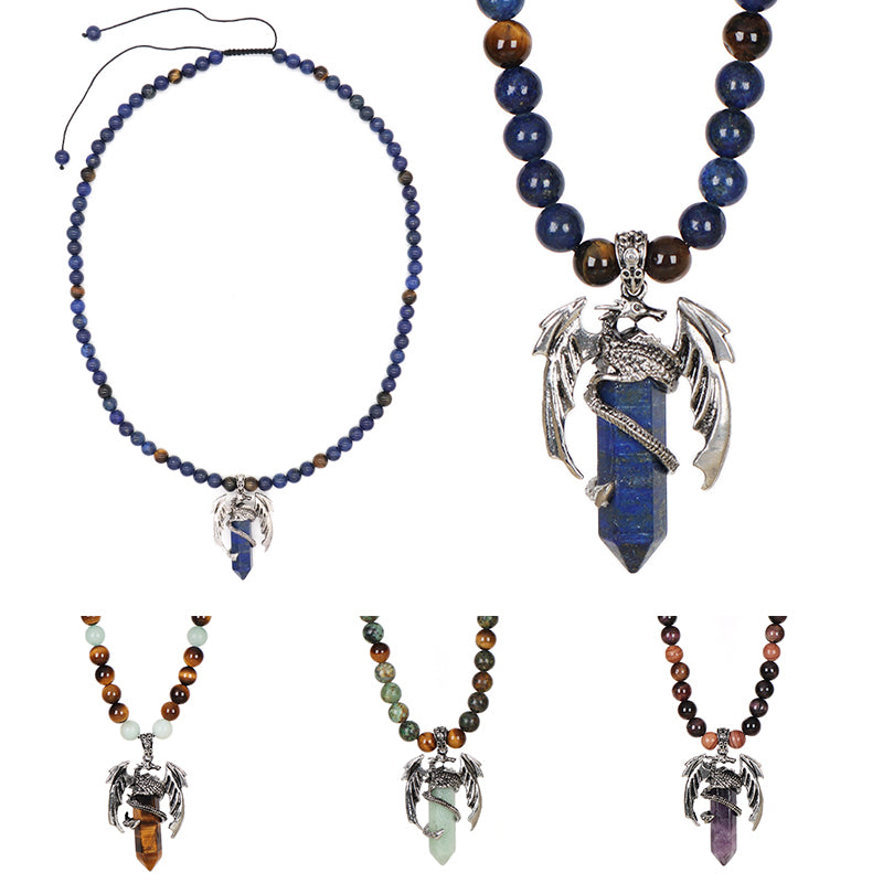 Wholesale OEM Handmade Woven Cord Custom 8mm Natural Stone Beads Adjustable Macrame Hexagon Dragon Pendant Necklace For Men Women