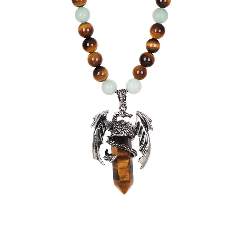 Wholesale OEM Handmade Woven Cord Custom 8mm Natural Stone Beads Adjustable Macrame Hexagon Dragon Pendant Necklace For Men Women