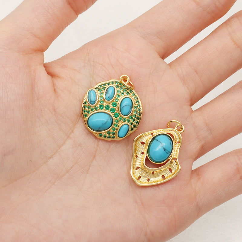 Custom Women Fashionable Wholesale DIY Natural Stone Charm Pendant Jewelry CZ Gold Plated Turquoise Stone Pendant For Necklace