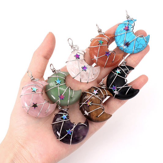 Various Customized Wholesale Star Moon Charm Necklace Pendant Rhodium Plated Moon Natural Stone Pendant For Jewelry Making