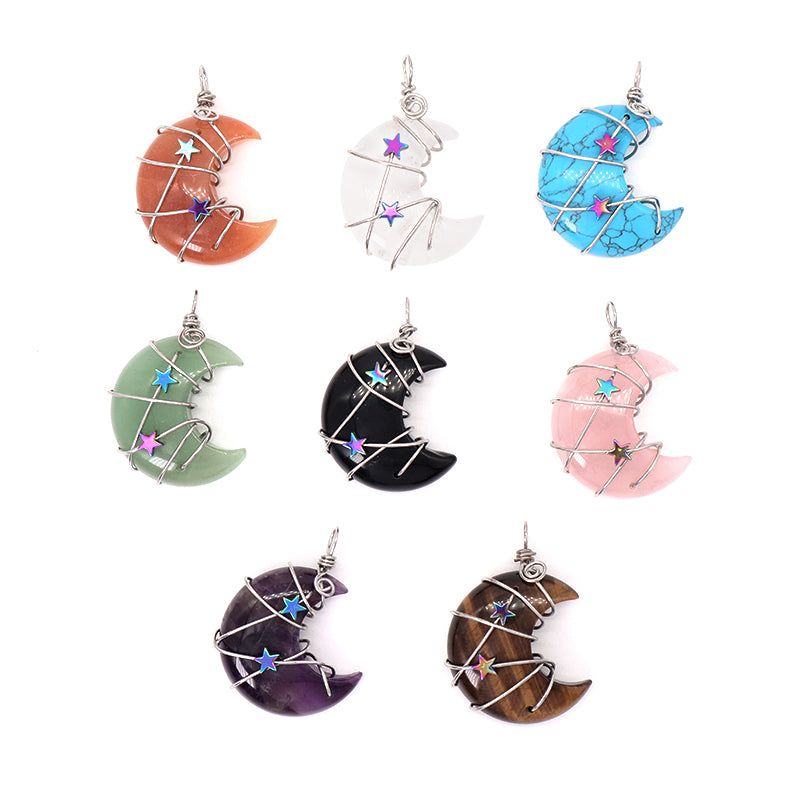 Various Customized Wholesale Star Moon Charm Necklace Pendant Rhodium Plated Moon Natural Stone Pendant For Jewelry Making