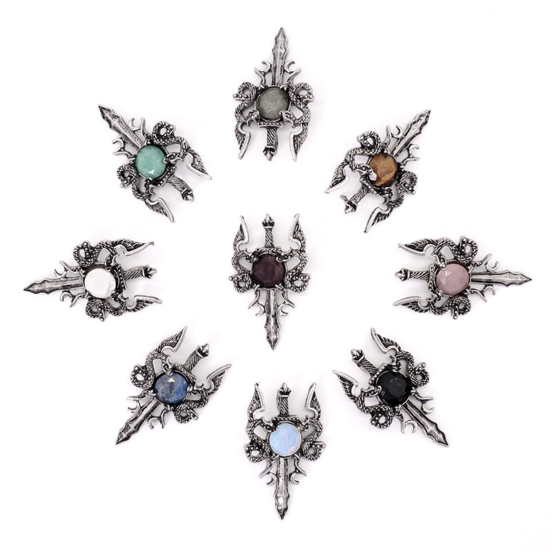 Wholesale Various Healing Stone Alloy Sword Charm Necklace Pendant Jewelry Black Plated Dragon Sword Natural Stone Pendant