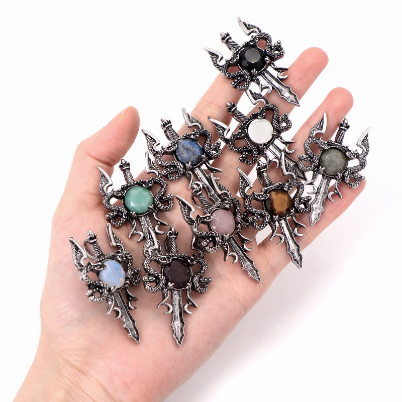Wholesale Various Healing Stone Alloy Sword Charm Necklace Pendant Jewelry Black Plated Dragon Sword Natural Stone Pendant