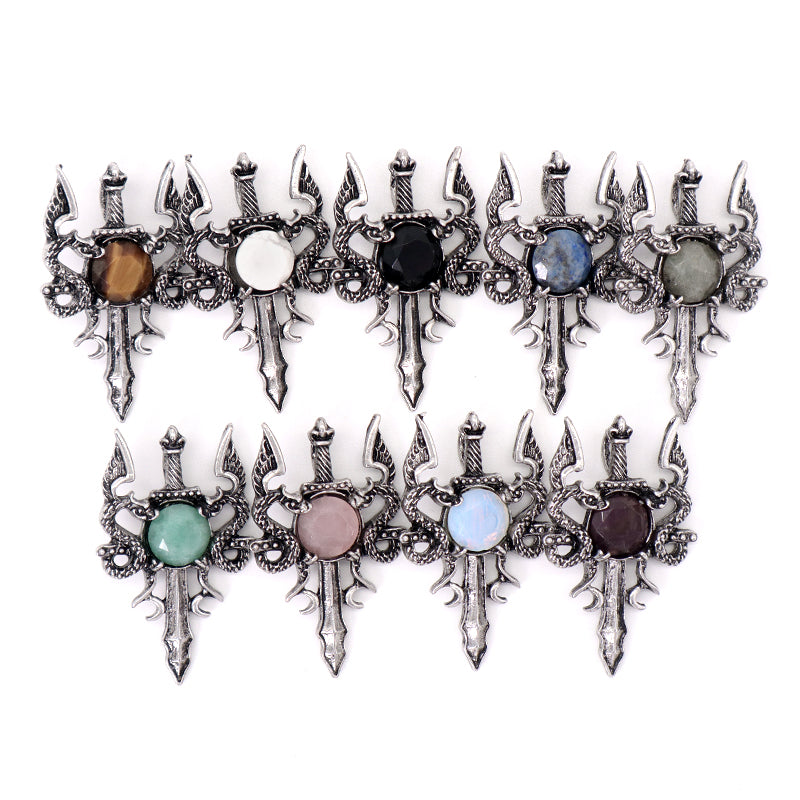 Wholesale Various Healing Stone Alloy Sword Charm Necklace Pendant Jewelry Black Plated Dragon Sword Natural Stone Pendant