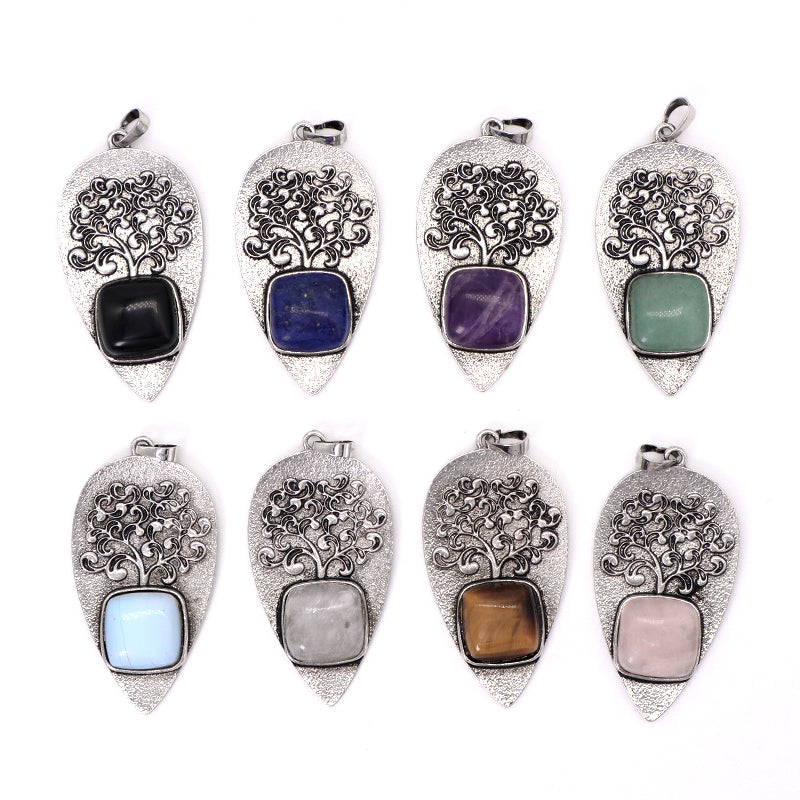 Various Wholesale Healing Stone Tree Waterdrop Charm Necklace Pendant Jewelry Black Plated Natural Stone Life Tree Pendant