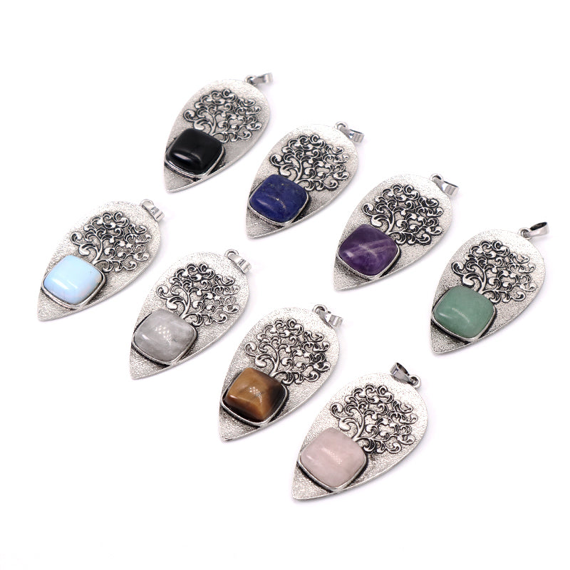 Various Wholesale Healing Stone Tree Waterdrop Charm Necklace Pendant Jewelry Black Plated Natural Stone Life Tree Pendant