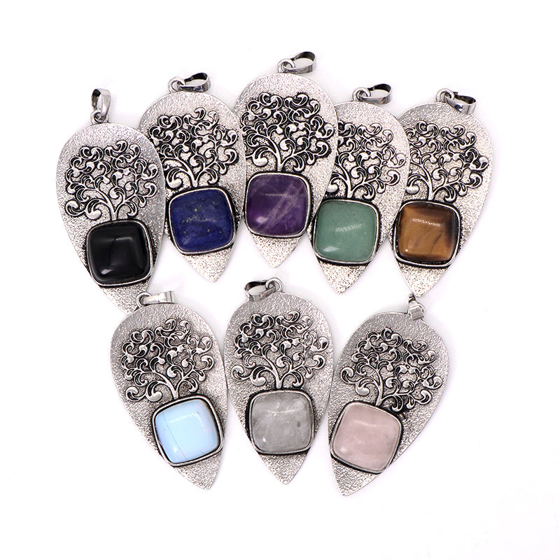 Various Wholesale Healing Stone Tree Waterdrop Charm Necklace Pendant Jewelry Black Plated Natural Stone Life Tree Pendant