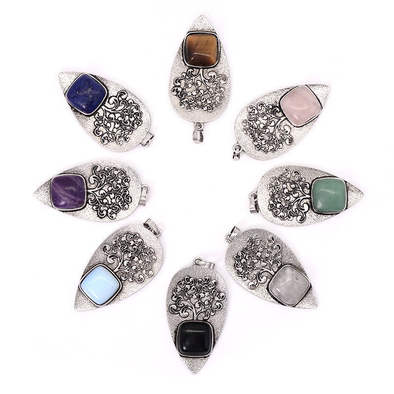 Various Wholesale Healing Stone Tree Waterdrop Charm Necklace Pendant Jewelry Black Plated Natural Stone Life Tree Pendant