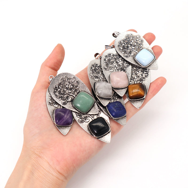 Various Wholesale Healing Stone Tree Waterdrop Charm Necklace Pendant Jewelry Black Plated Natural Stone Life Tree Pendant