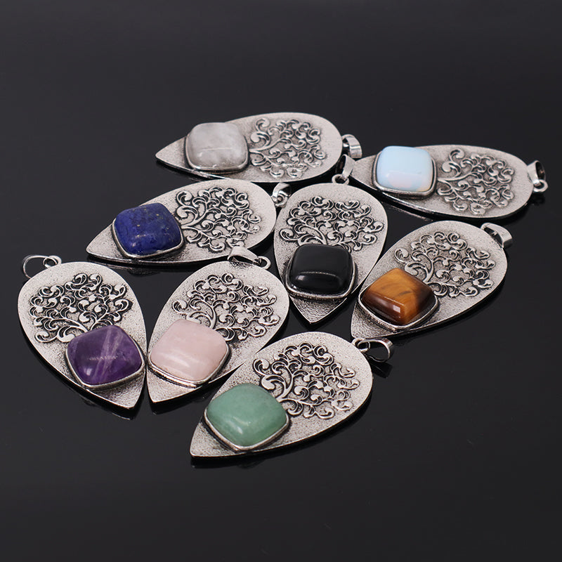 Various Wholesale Healing Stone Tree Waterdrop Charm Necklace Pendant Jewelry Black Plated Natural Stone Life Tree Pendant