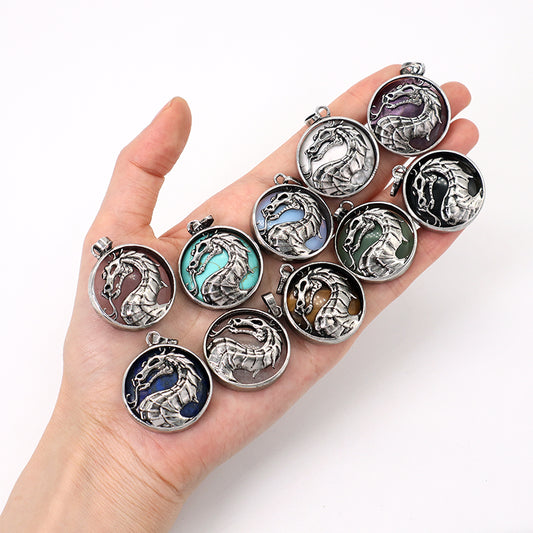Custom Wholesale Various Healing Stone Alloy Dragon Charm Pendant Jewelry Black Plated Natural Stone Dragon Pendant For Necklace