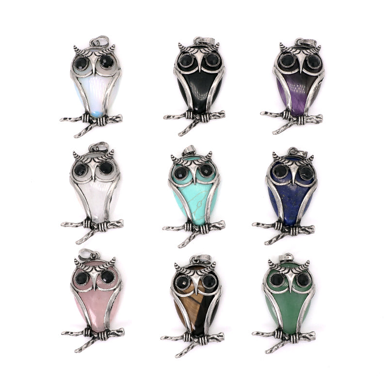 Custom China Factory Wholesale Healing Stone Alloy Owl Charm Pendant Jewelry Black Plated Natural Stone Owl Pendant For Necklace