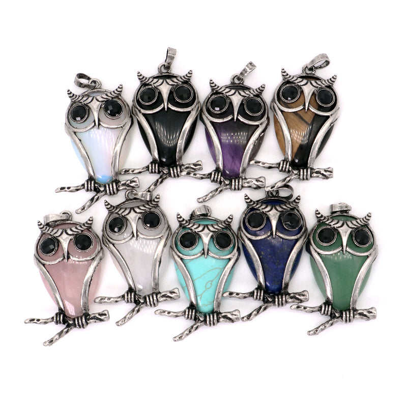 Custom China Factory Wholesale Healing Stone Alloy Owl Charm Pendant Jewelry Black Plated Natural Stone Owl Pendant For Necklace