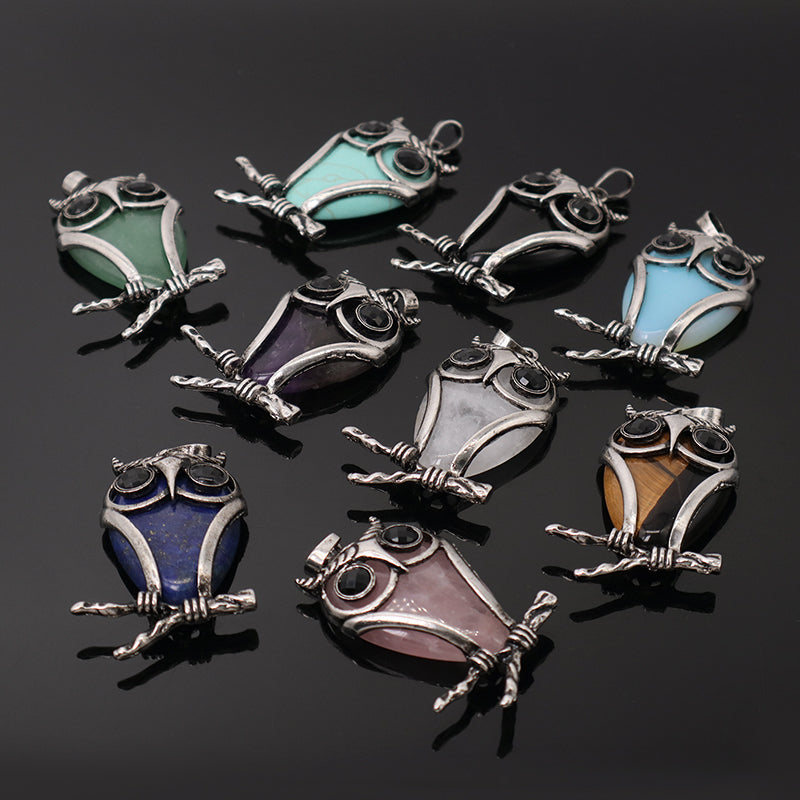 Custom China Factory Wholesale Healing Stone Alloy Owl Charm Pendant Jewelry Black Plated Natural Stone Owl Pendant For Necklace
