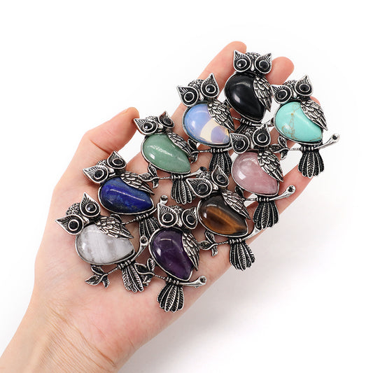 Customized Wholesale Healing Stone Alloy Owl Charm Necklace Pendant Black Plated Owl Natural Stone Pendant For Jewelry Making
