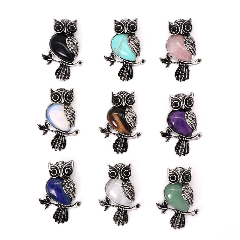 Customized Wholesale Healing Stone Alloy Owl Charm Necklace Pendant Black Plated Owl Natural Stone Pendant For Jewelry Making