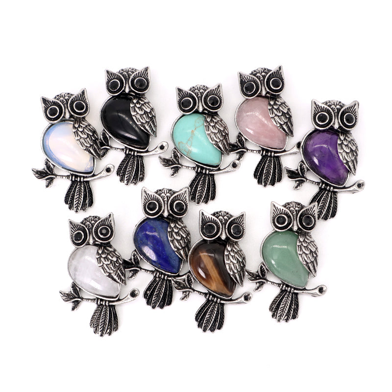 Customized Wholesale Healing Stone Alloy Owl Charm Necklace Pendant Black Plated Owl Natural Stone Pendant For Jewelry Making