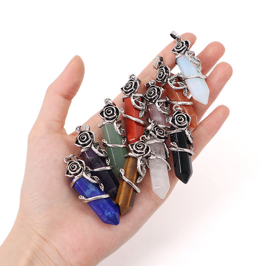 Hot Selling Newest Healing Stone Alloy Rose Charm Necklace Pendant Black Plated Natural Stone Rose Pendant For Jewelry Making