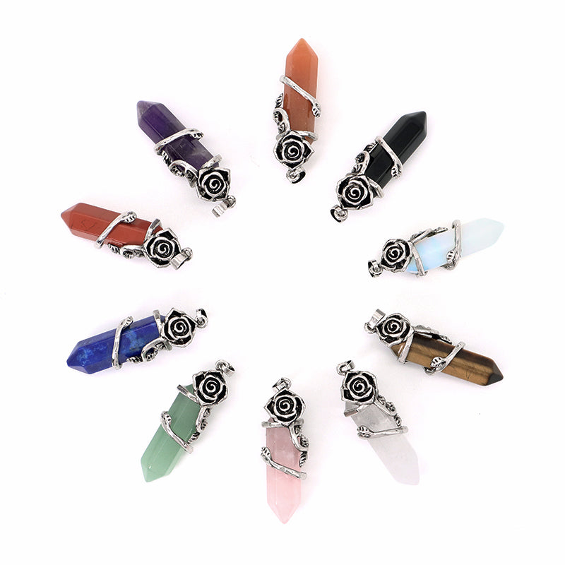 Hot Selling Newest Healing Stone Alloy Rose Charm Necklace Pendant Black Plated Natural Stone Rose Pendant For Jewelry Making