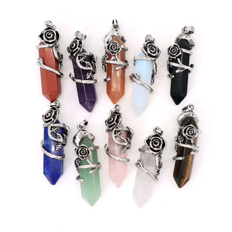 Hot Selling Newest Healing Stone Alloy Rose Charm Necklace Pendant Black Plated Natural Stone Rose Pendant For Jewelry Making