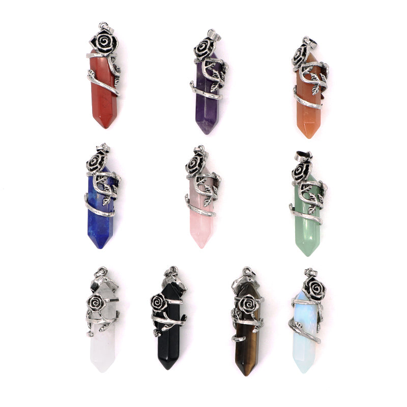 Hot Selling Newest Healing Stone Alloy Rose Charm Necklace Pendant Black Plated Natural Stone Rose Pendant For Jewelry Making