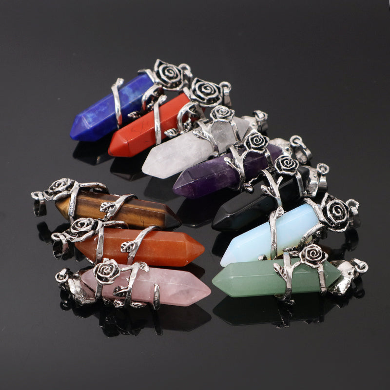 Hot Selling Newest Healing Stone Alloy Rose Charm Necklace Pendant Black Plated Natural Stone Rose Pendant For Jewelry Making