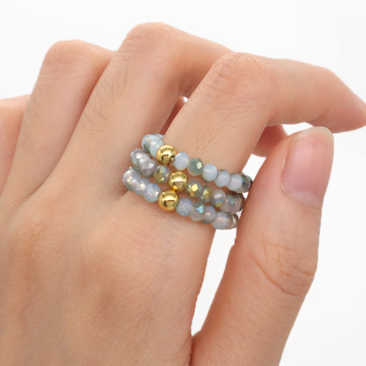 Manufacture Wholesale Handmade Custom Gold Plated Beads Finger Ring Jewelry Glass Crystal Sparkly Beaded Elastic Ring For Women