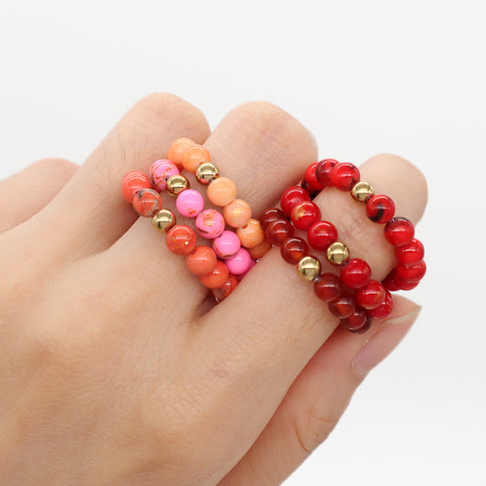 Handmade Natural Stone Beads Women Rings Adjustable 5mm Gem Stone Gold Plated Brass Bead Custom Elastic Colorful Jade Beaded Ring