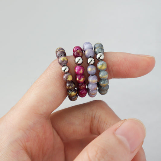 GemStone Custom OEM Rhodium Brass Beads Wholesale Colorful Handmade Stretch 5mm Natural Stone Beaded Jade Ring For Women Men
